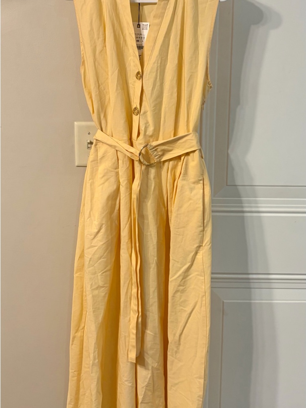 Zara Pale Yellow Sleeveless Belted Midi Dress new 100% cotton graduation - Picture 5 of 8